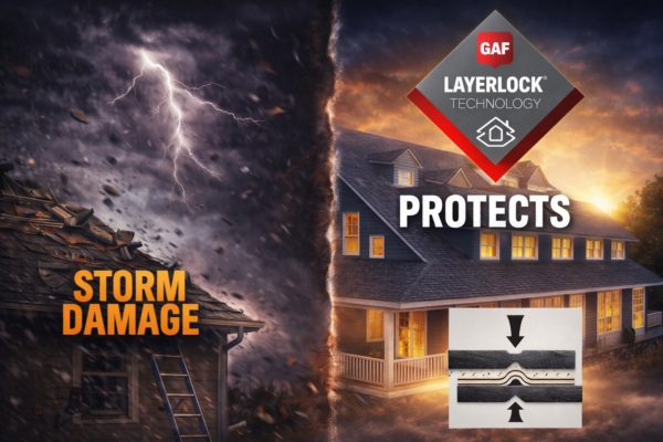 Dayton Ohio Wind Damage: GAF LayerLock Technology protecting a home roof from severe storm wind damage with lightning and high winds in a dramatic split storm scene
