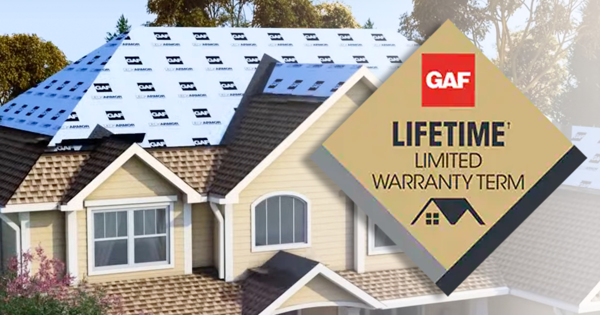 Roofing system with lifetime warranty illustration supporting an ice dam prevention guide for winter roof protection