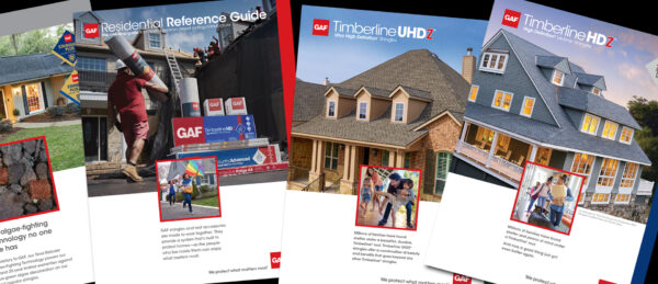 Product literature for roofing siding windows and exterior home improvement showing brochures specifications and materials for homeowner reference