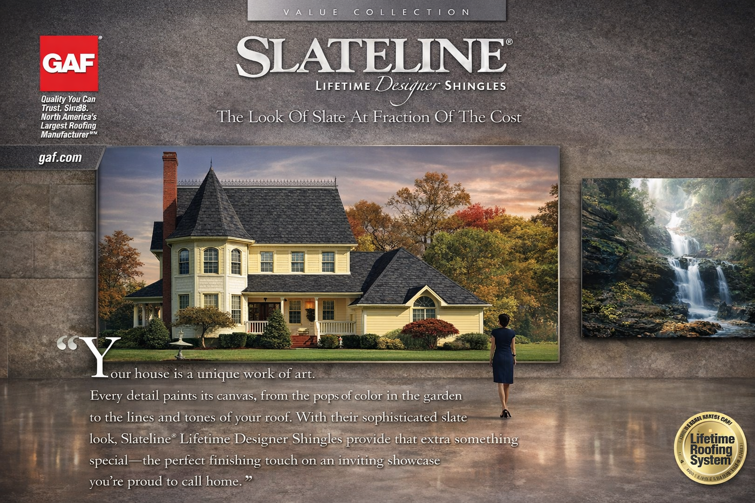 GAF Slateline Shingles Brochure I Premium Slate-Style Roofing for Luxury Homes GAF Slateline shingles brochure showcasing slate-style roofing on luxury home with elegant architectural detail and premium design.
