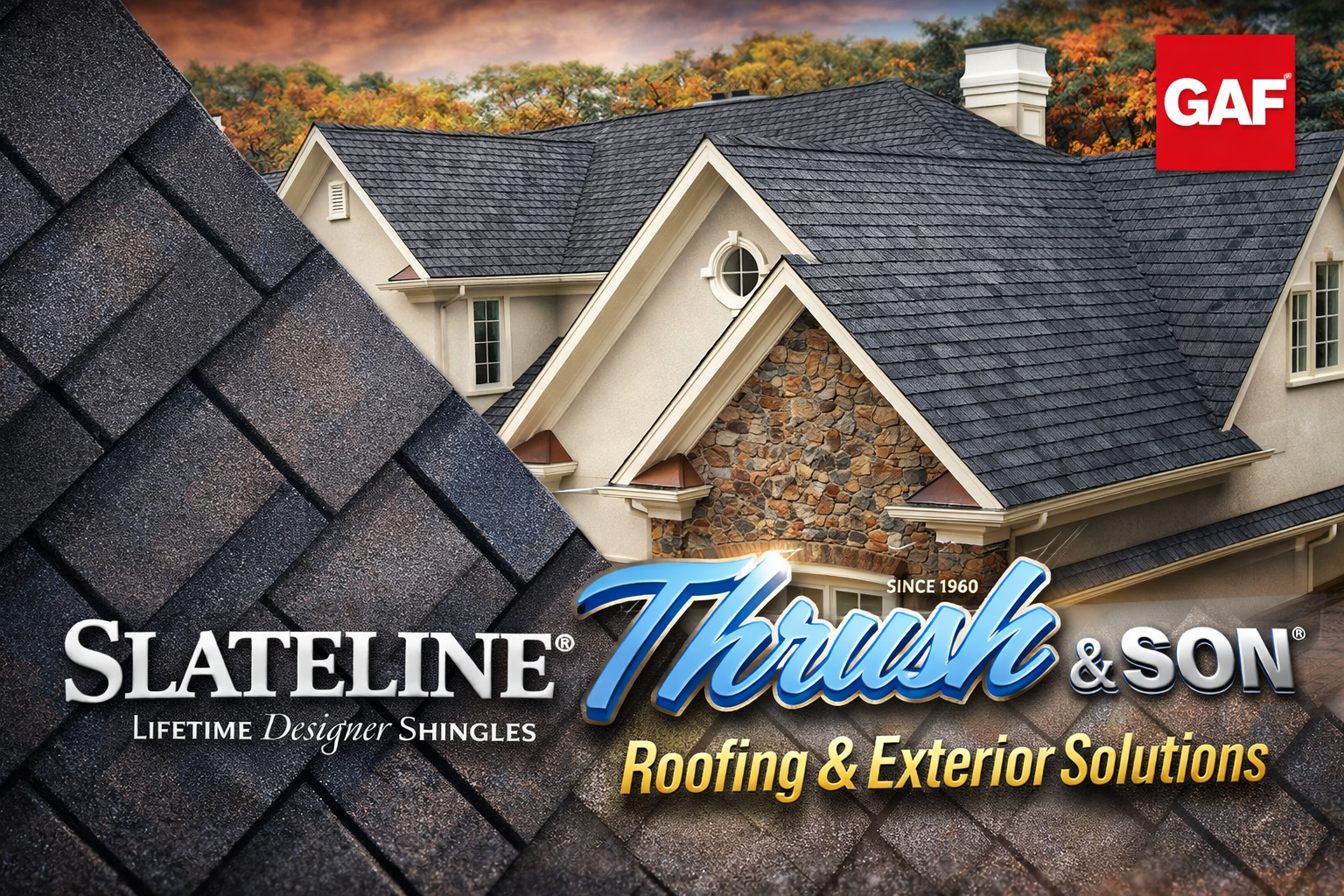 GAF Slateline shingles installed on luxury home showcasing dimensional slate-style roofing with premium architectural detail.