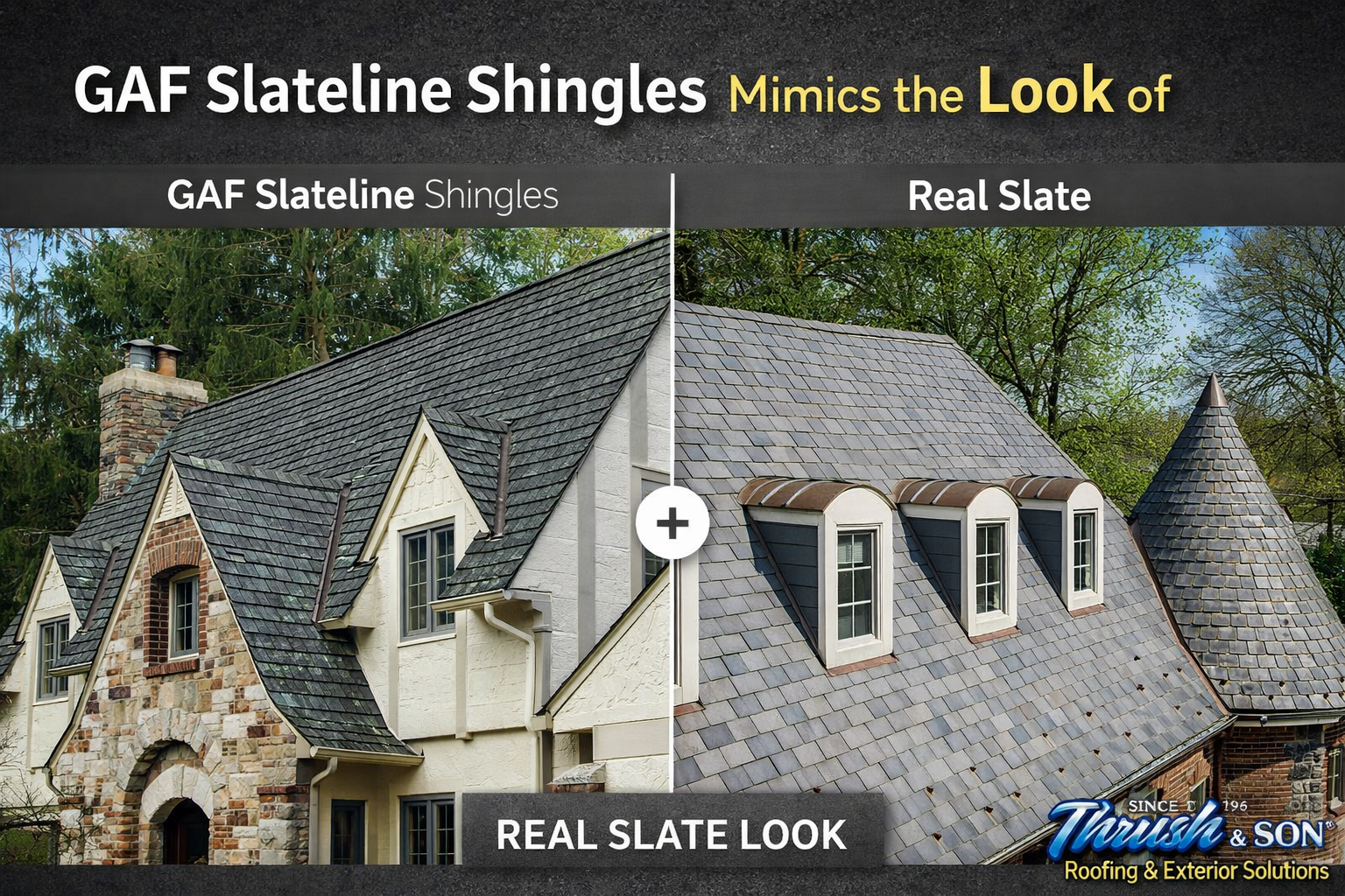 GAF Slateline vs Real Slate Roofing I Authentic Slate Look with Modern Performance GAF Slateline shingles compared side by side with real slate roofing showing realistic slate appearance and architectural detail.