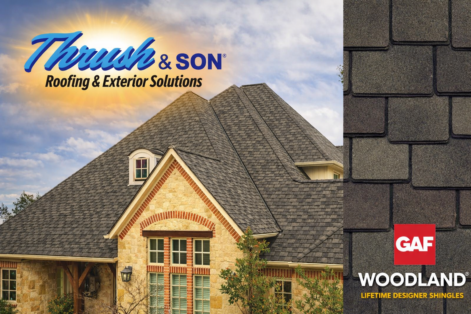 GAF Woodland Shingles on Custom Home I Thrush & Son Roofing & Exterior Solutions GAF Woodland shingles installed on luxury home with Thrush & Son roofing and exterior solutions branding.