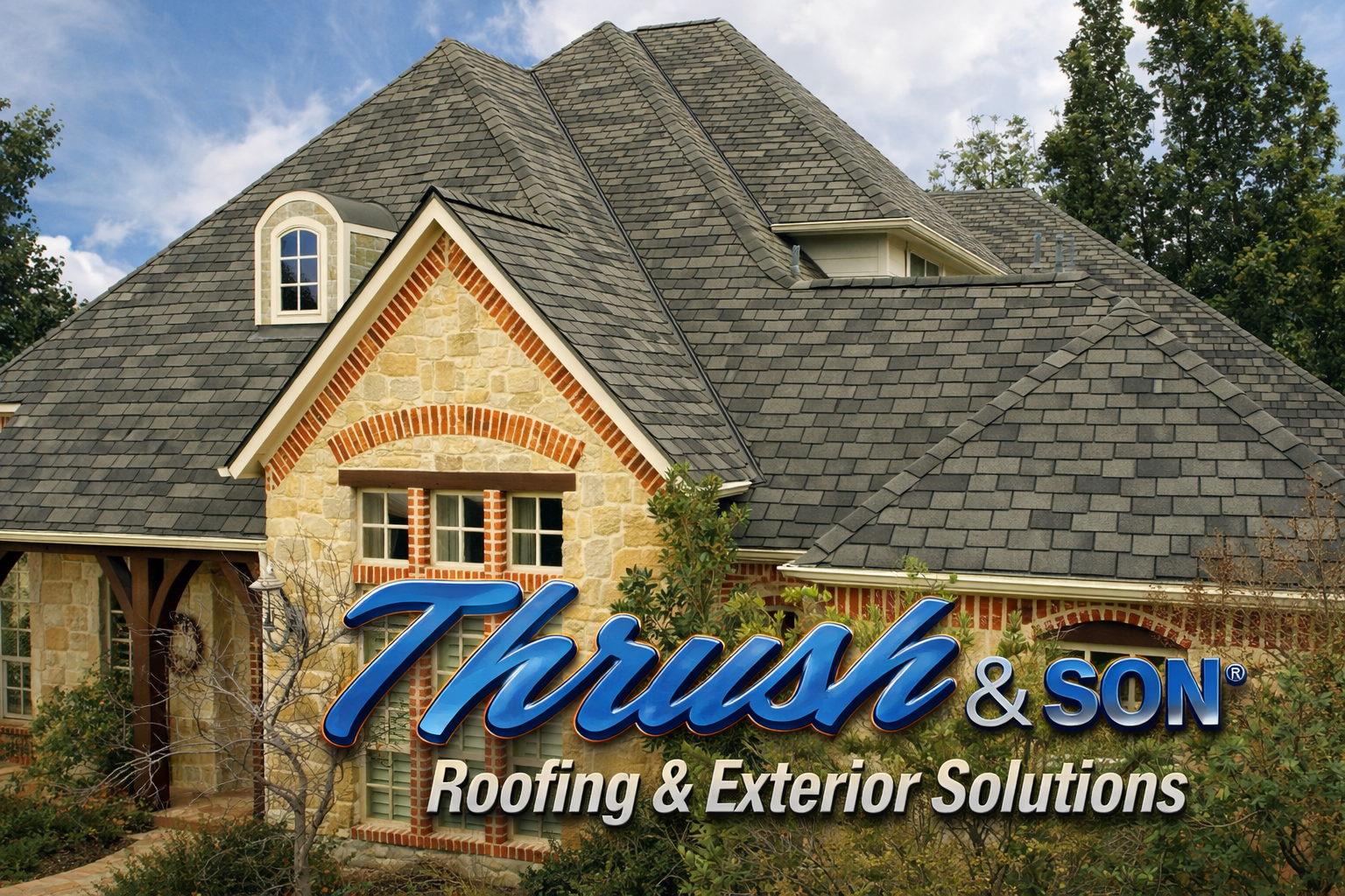 Resource Hub: GAF Woodland shingles installed on a luxury home with stone and brick exterior showcasing detailed rooflines