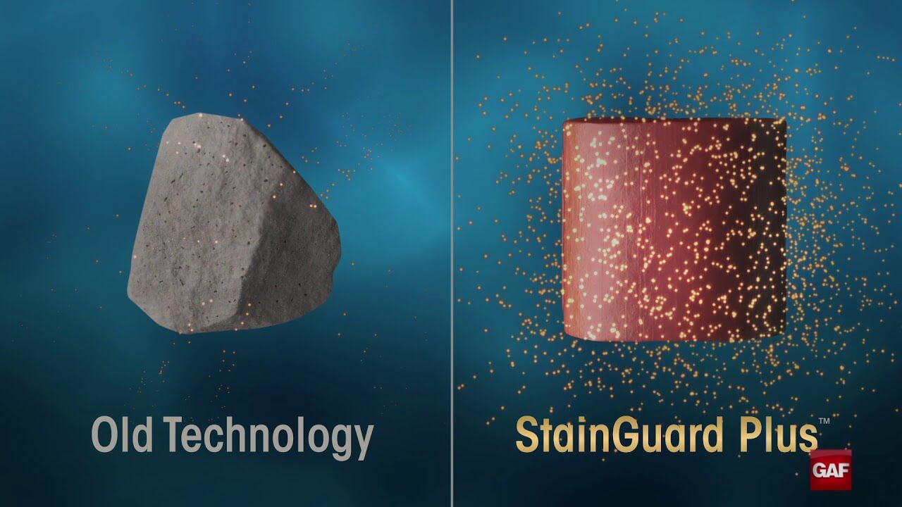 GAF StainGuard Plus Technology Comparison GAF StainGuard Plus™ technology comparison showing traditional copper granules versus enhanced algae-resistant copper granule protection