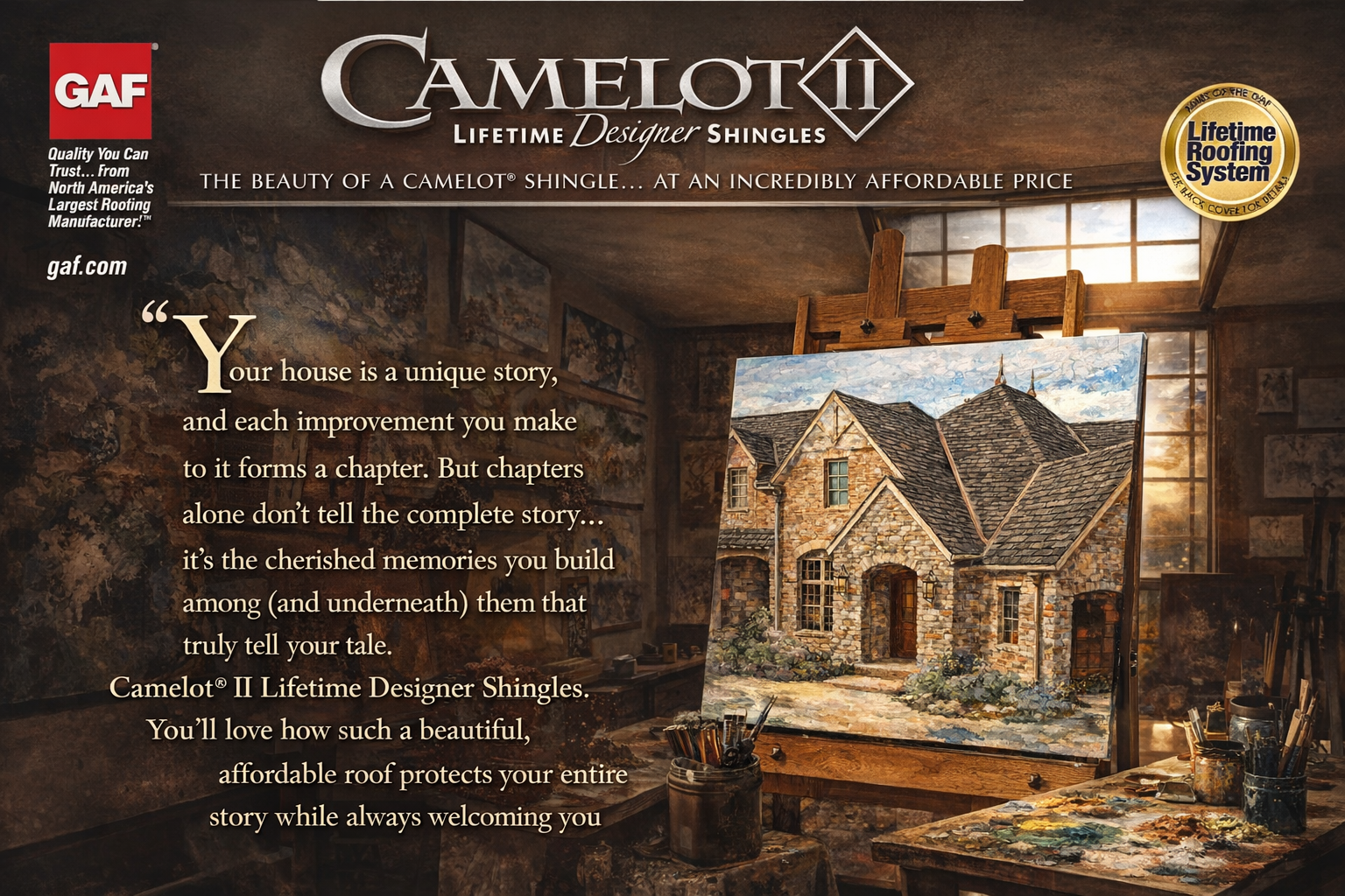 GAF® Camelot II shingles brochure featuring designer roofing system and luxury architectural shingle presentation.