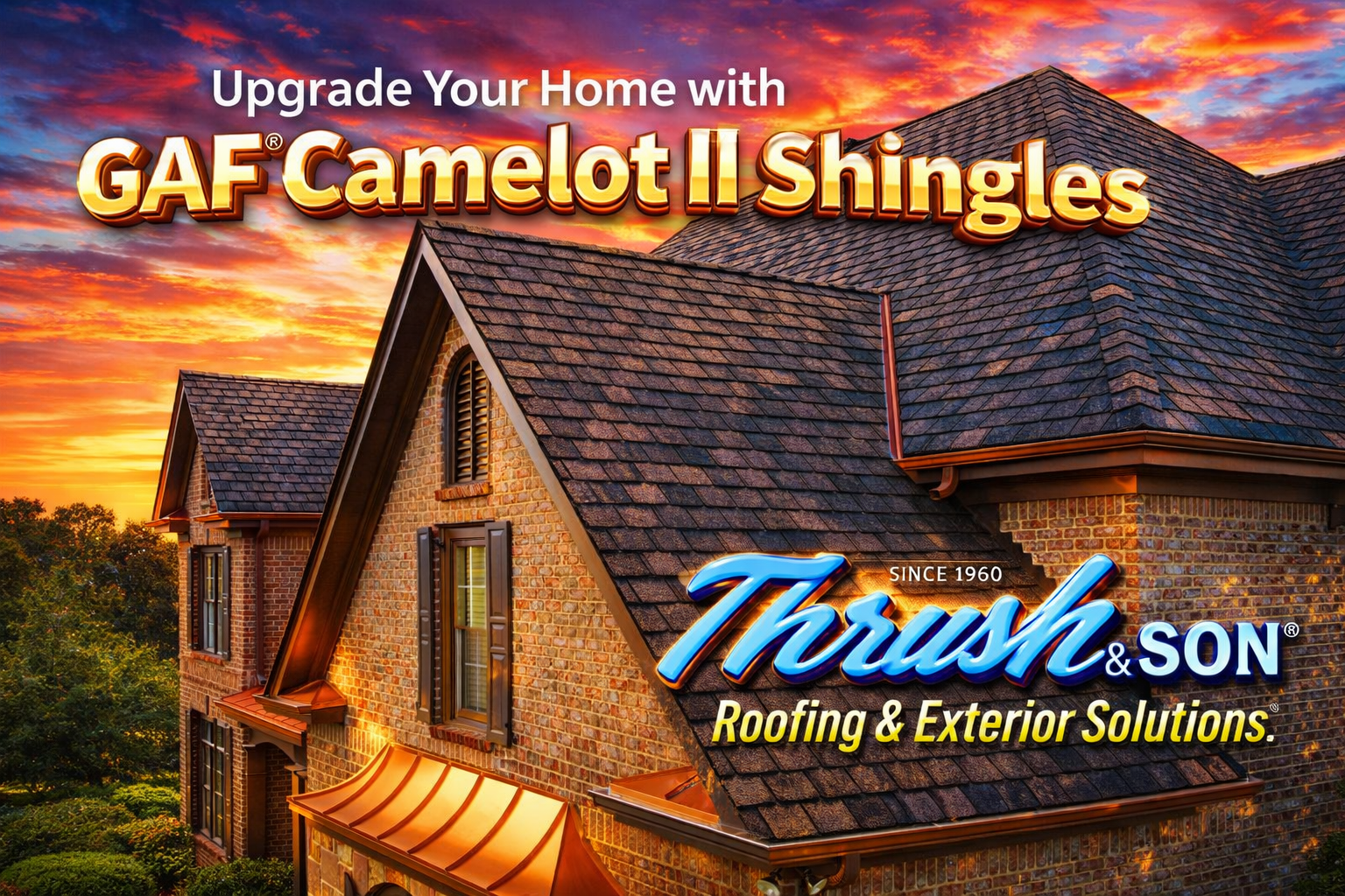 GAF® Camelot II shingles installed on luxury brick home at sunset with enhanced architectural texture and premium roofing design.