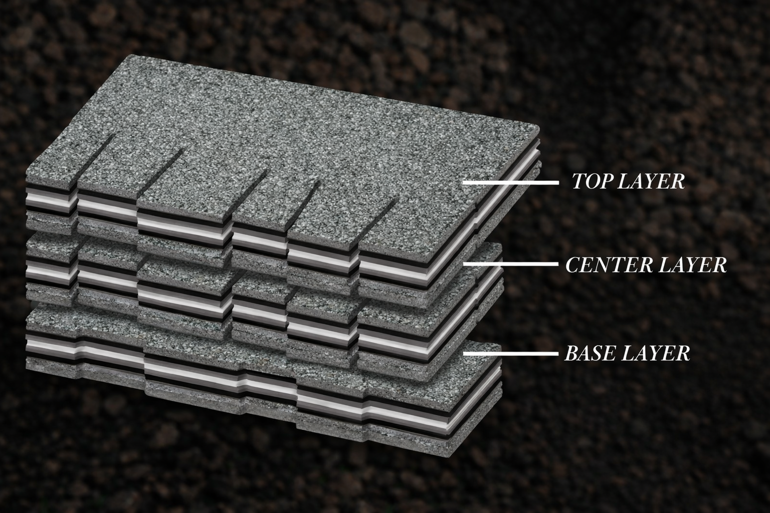 Asphalt roofing shingle layers diagram showing top layer, center layer, and base layer construction detail.