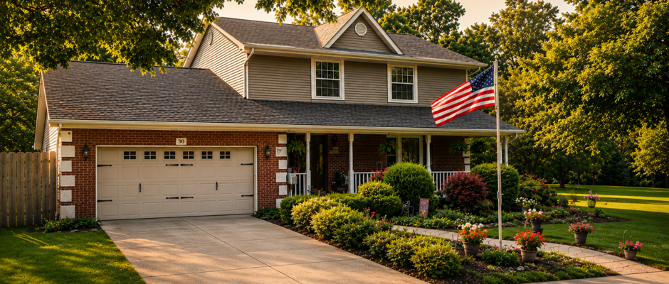 Golden Hour Exterior Home Enhancement with Vibrant Landscaping and Restored Driveway in Brookville Ohio - Thrush & Son®