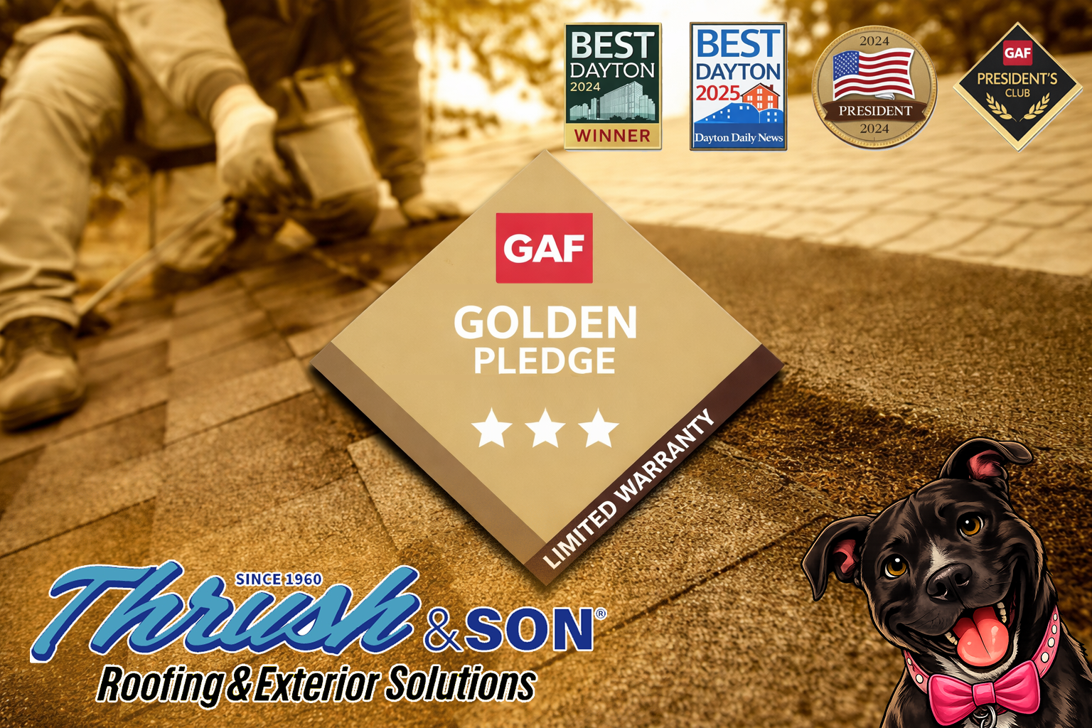 Resource Hub: Golden Pledge roofing warranty badge displayed over shingle installation highlighting premium protection and contractor workmanship guarantee.