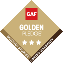 Golden Pledge warranty badge showing premium roofing protection with workmanship guarantee and long-term coverage.
