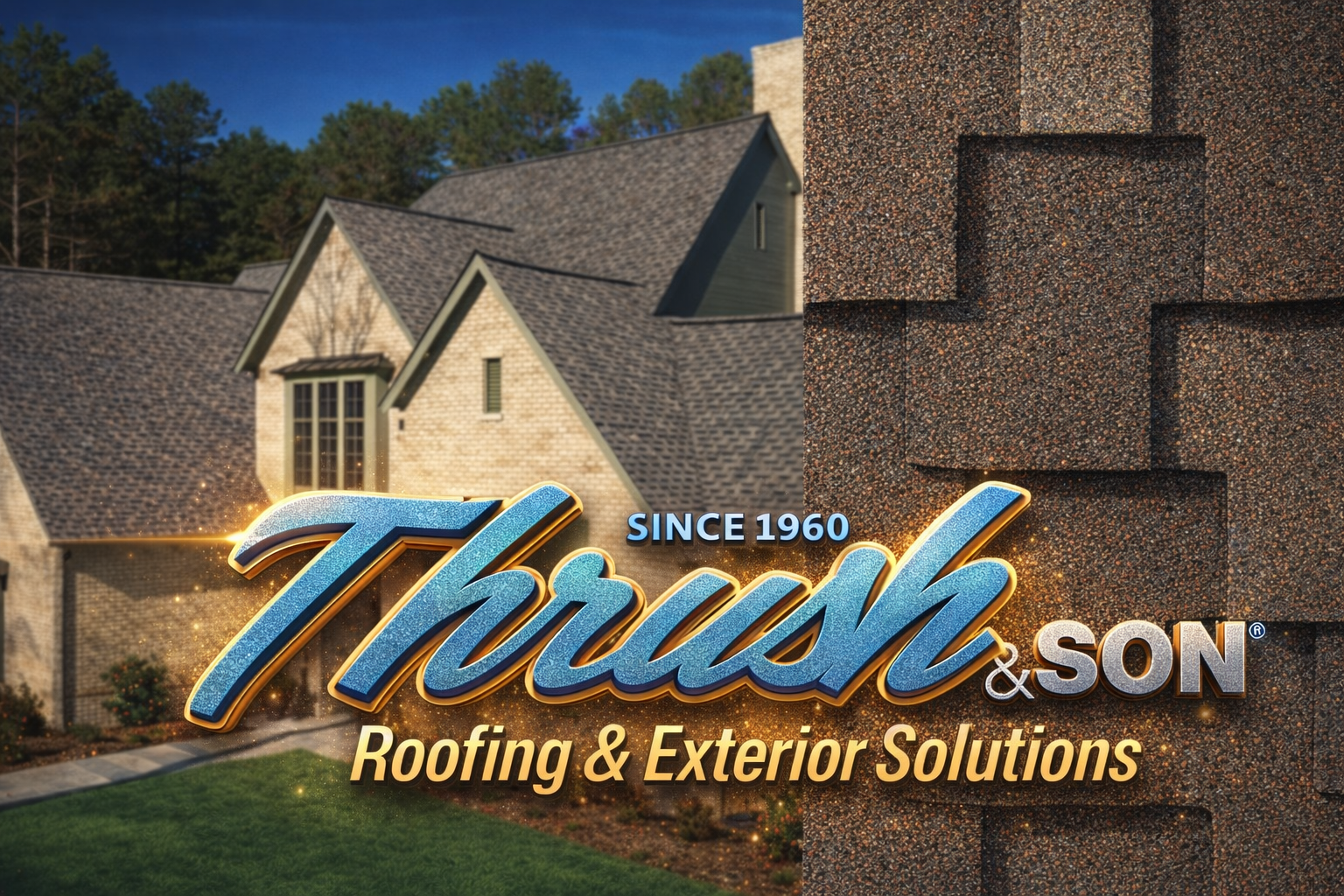 Grand Sequoia® AS shingles on custom home with textured architectural roofing and Thrush & Son exterior solutions branding.