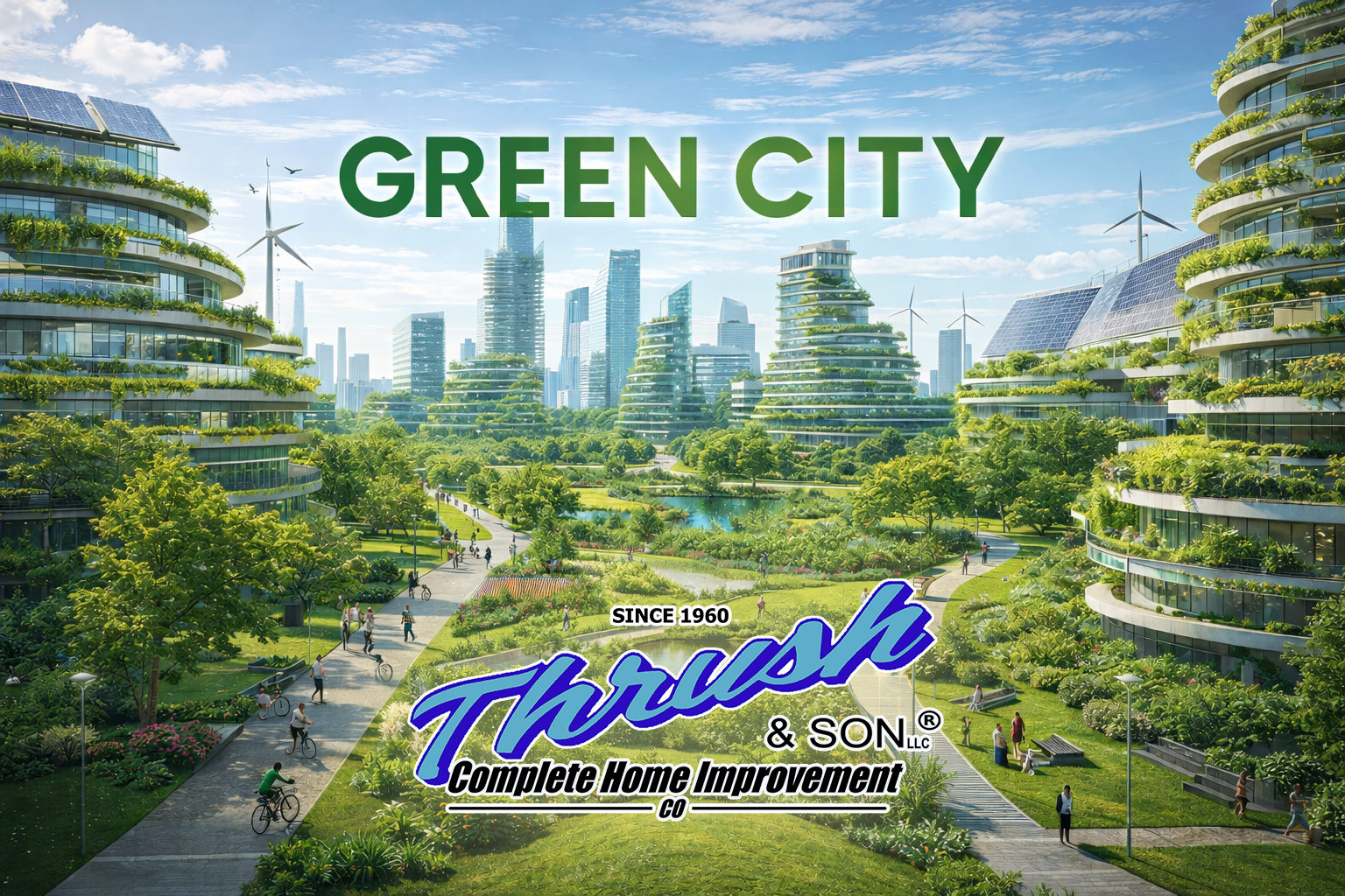 Green City concept featuring modern eco-friendly buildings, rooftop gardens, solar panels, and walkable green spaces