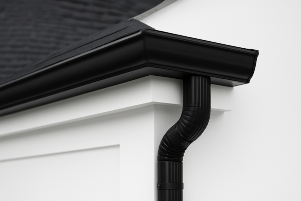 Gutter-Installation-Services-Modern-White-Home-with-Black-Seamless-Gutters Siding, Soffit & Gutter Terminology: Modern white home exterior corner with black seamless gutters and downspout, showcasing gutter installation services.