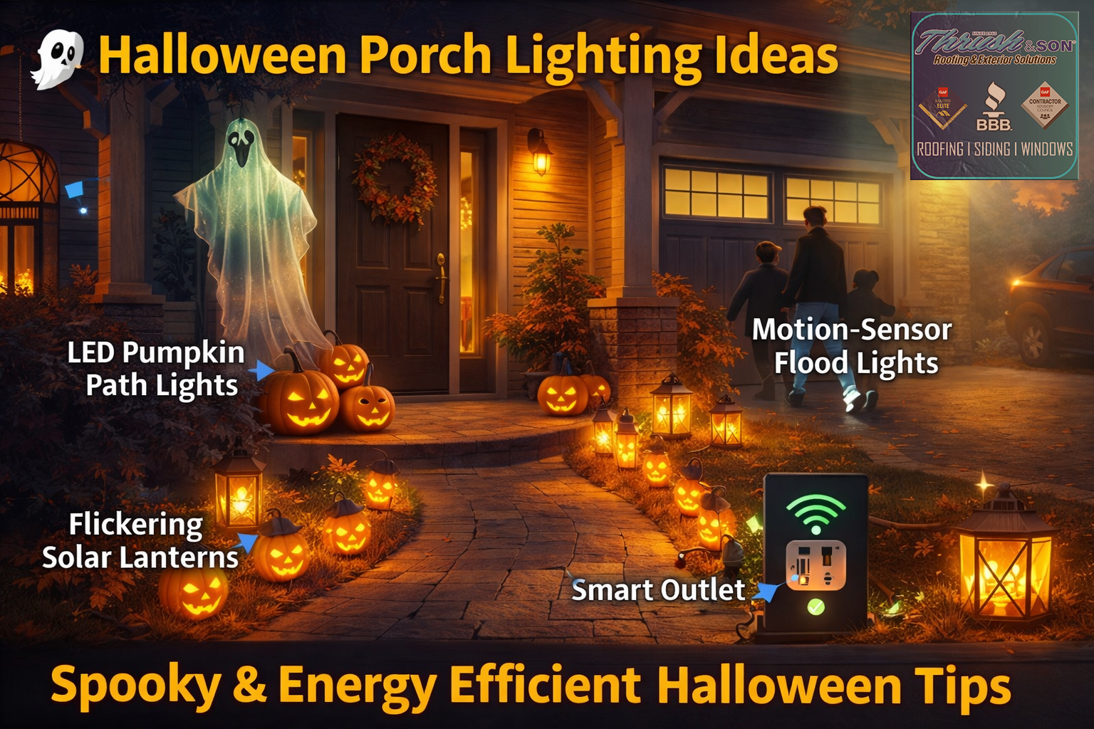 Halloween home ideas: LED pumpkin path lights, solar lanterns, and a smart outlet lighting a Dayton front porch