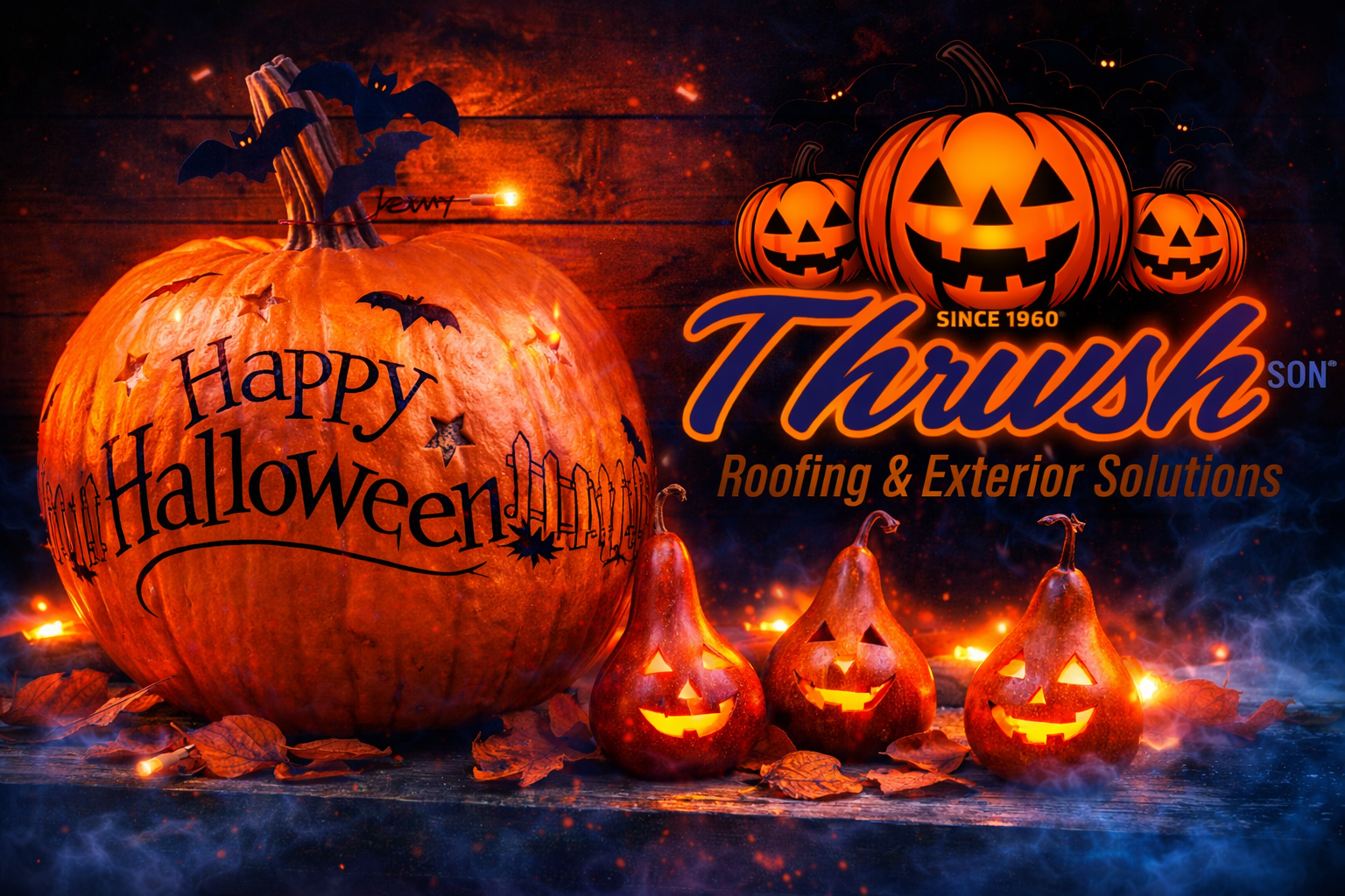 Halloween Tips & Energy Savings – Thrush & Son® Spooky Porch Inspiration Halloween celebration featuring a glowing Happy Halloween pumpkin, three illuminated jack-o'-lantern gourds, flying bats, autumn leaves, and the Thrush & Son® Roofing & Exterior Solutions logo against a spooky orange and blue background