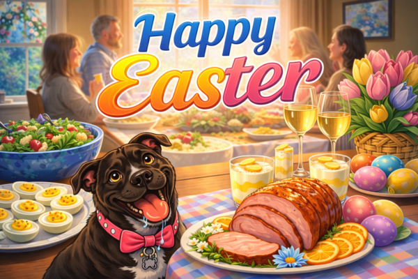 Easter Ideas in 2026 with indoor family gathering, Easter dinner table, spring decor, and Boo watching a glazed ham