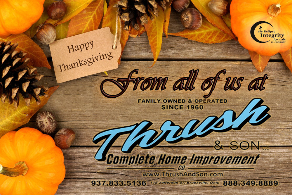 Happy Thanksgiving message from Thrush & Son featuring pumpkins, autumn leaves, pinecones, and the Thrush and Son logo celebrating the Thanksgiving holiday