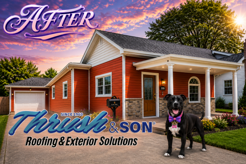 1893 historic home renovation after exterior transformation in Brookville Ohio featuring new roofing, siding, replacement windows, and curb appeal improvements by Thrush & Son® Roofing & Exterior Solutions.