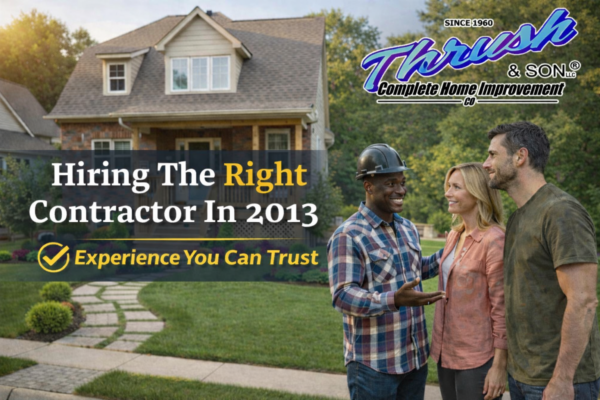 The Right Contractor discussing a home improvement project with homeowners outside a suburban house