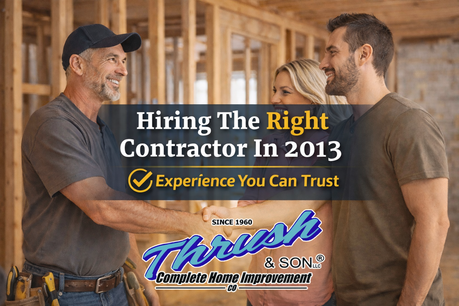 The Right Contractor discussing a home improvement project with homeowners outside a suburban house