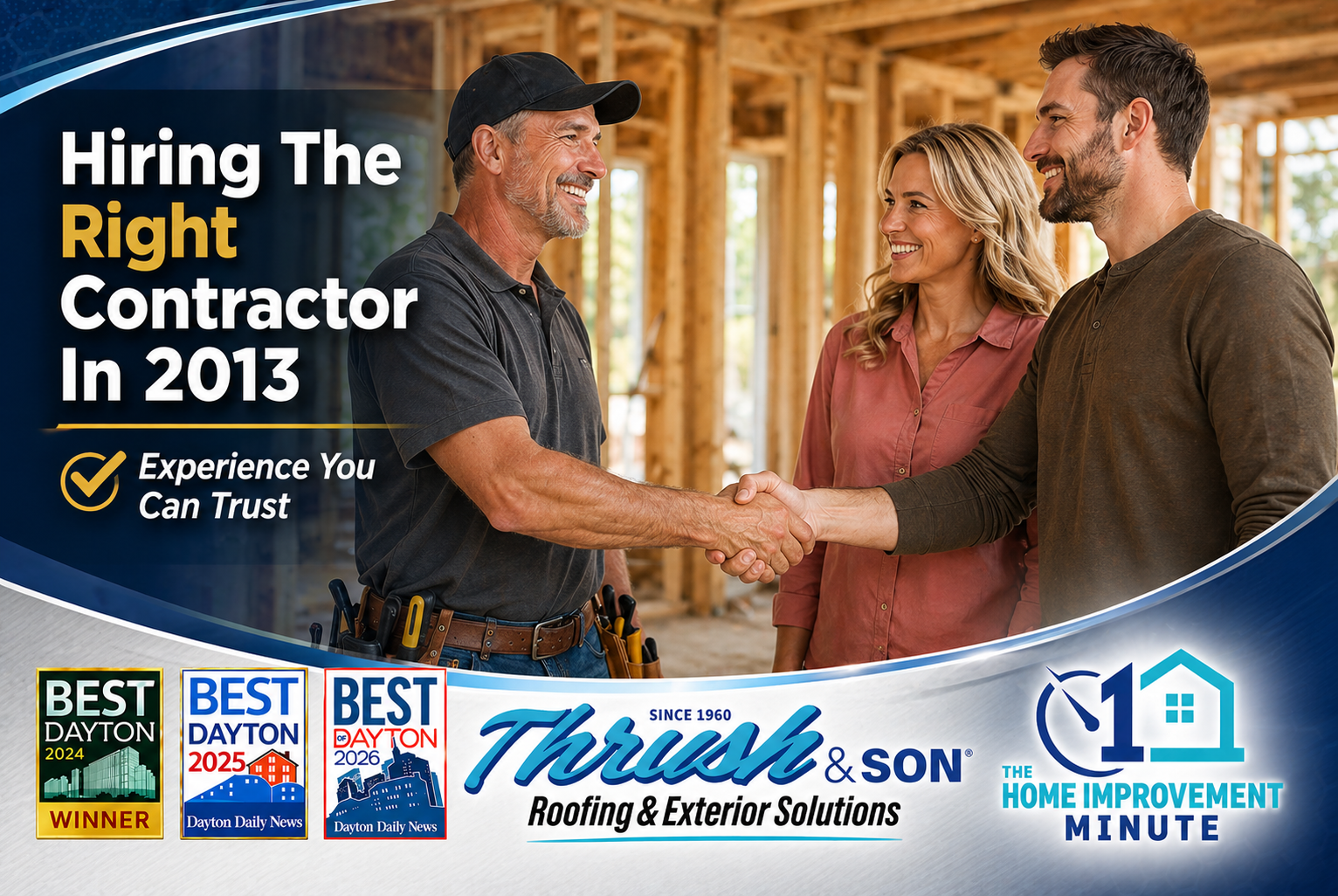 The right contractor discussing a home improvement project with homeowners outside a suburban house.