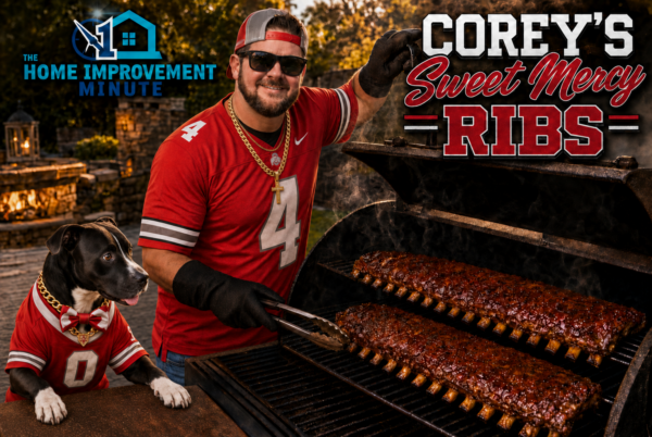 Home Exterior Checklist featuring Corey smoking ribs with Boo in her Ohio State number 0 jersey.