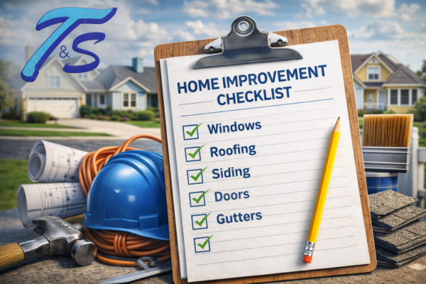 home improvement checklist with roofing siding windows doors and gutters tasks on clipboard with tools and residential homes in background