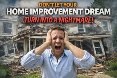 Man overwhelmed in front of collapsing house illustrating a Home Improvement Dream gone wrong and warning not to let it turn into a nightmare.