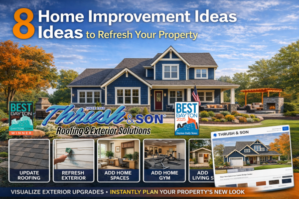 Home improvement ideas: stunning two-story home with fresh exterior upgrades including roofing, siding & landscaping, inspiring curb appeal & value – Thrush & Son® since 1960.