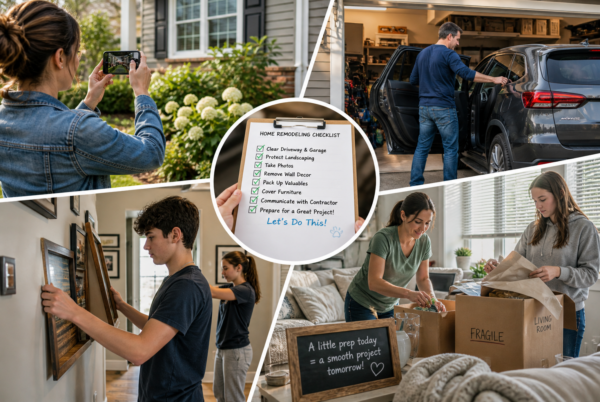 Home remodeling checklist concept showing a family preparing their home with landscaping photos, garage clearing, and interior prep before a remodeling project.