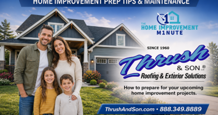 Home remodeling checklist preparation featuring a family in front of a modern home with Thrush & Son® branding and home improvement planning concept.