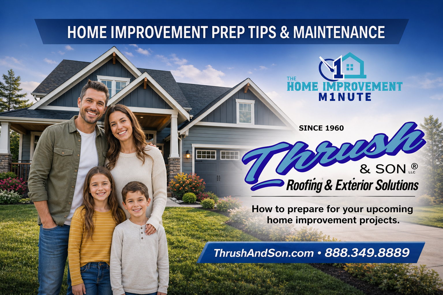 Home remodeling checklist preparation featuring a family in front of a modern home with Thrush & Son® branding and home improvement planning concept.
