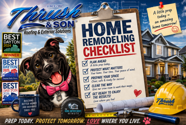 Home remodeling checklist illustration with Thrush & Son branding, BooBoo mascot, tools, and planning elements for siding and roofing preparation.