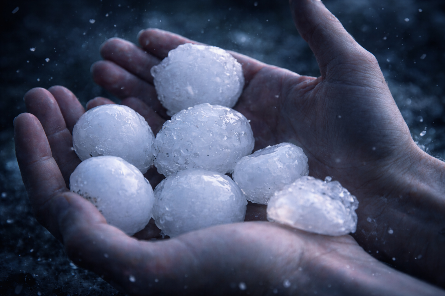 Hailstones in a homeowner’s hands showing how storm impact affects roofing shingles and can cause hidden roof damage