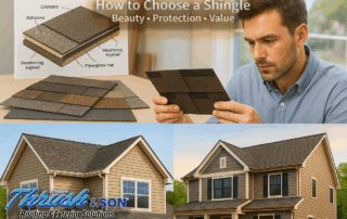 Homeowner choosing asphalt shingles for a new roof; CertainTeed roofing installation project by Thrush & Son® in Dayton Ohio.