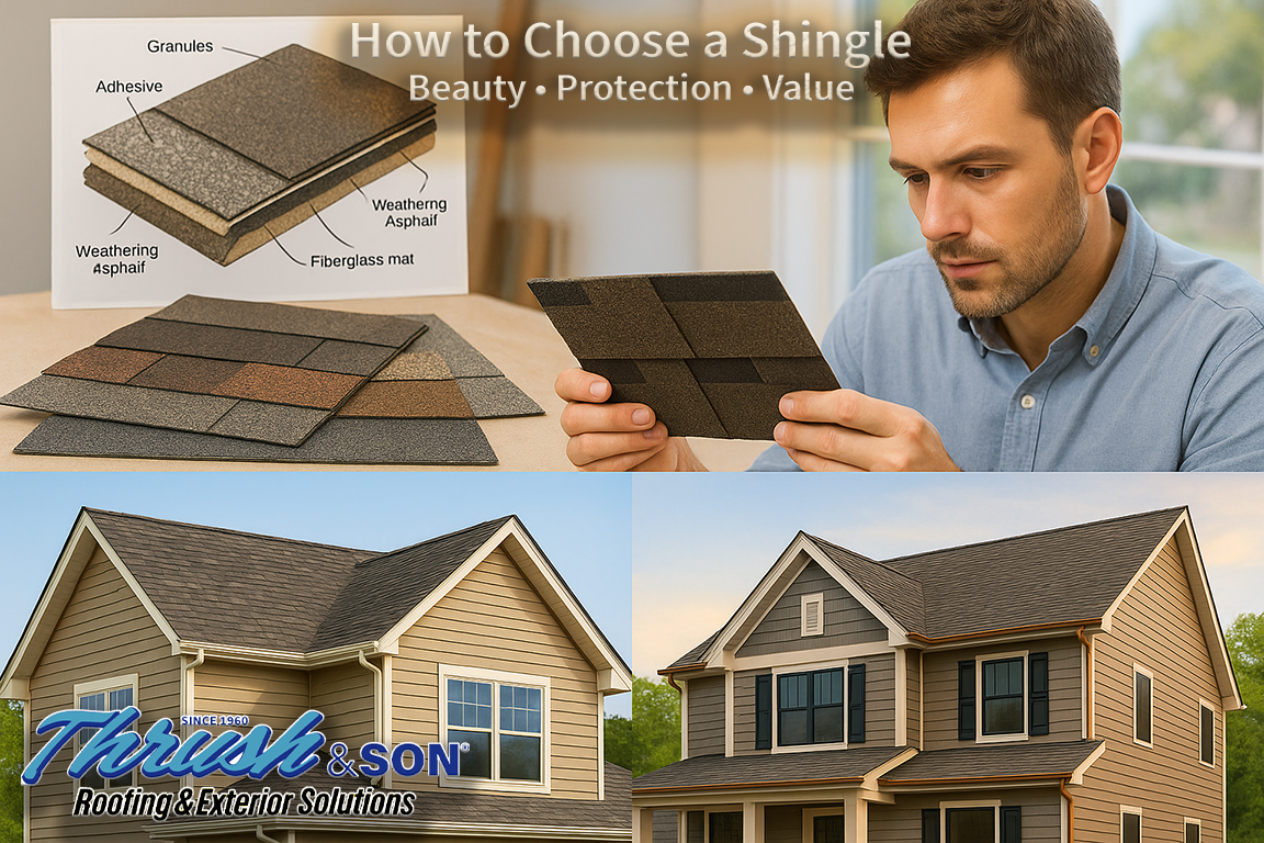 Homeowner choosing asphalt shingles for a new roof; CertainTeed roofing installation project by Thrush & Son® in Dayton Ohio.