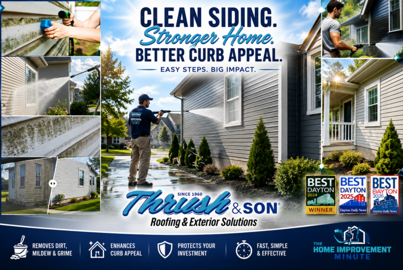Homeowners cleaning vinyl siding with pressure washers and soft brushes to remove dirt, mildew, and grime while restoring curb appeal on Midwest homes.