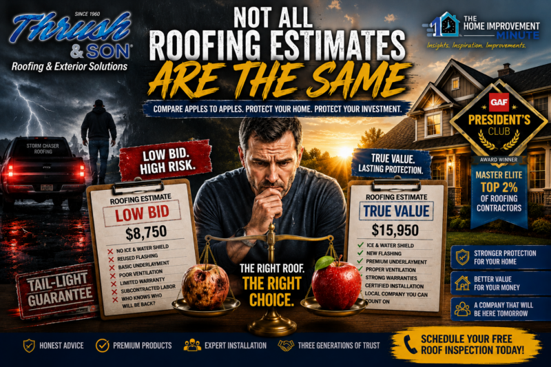 Roofing estimates comparison graphic showing apples-to-apples roofing bid differences between low-cost roofing contractors and premium GAF Master Elite President’s Club roofing systems by Thrush & Son® Roofing & Exterior Solutions.