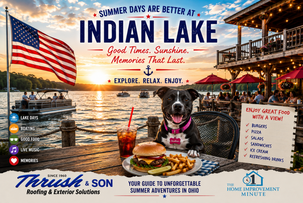 BooBoo enjoying a lakeside burger on a waterfront patio at Indian Lake, Ohio, with boats on the water, an American flag waving, and families enjoying a beautiful Midwest summer evening.