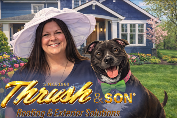 Spring home improvement tips inspired by Michelle Thrush featuring homeowner with wide-brim hat and Boo the dog in front of a blooming Ohio home with fresh landscaping.