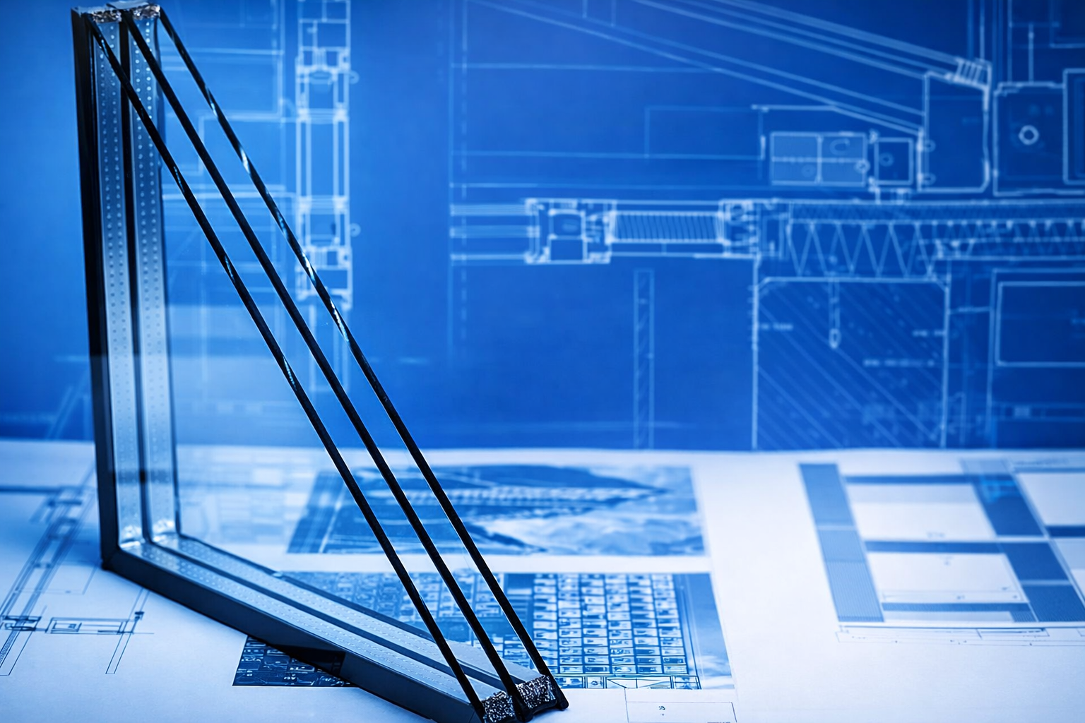  Window & Doors Terminology: Insulated Glass Unit cross-section showing triple-pane window layers and spacers set against blue architectural blueprints illustrating modern energy-efficient window design