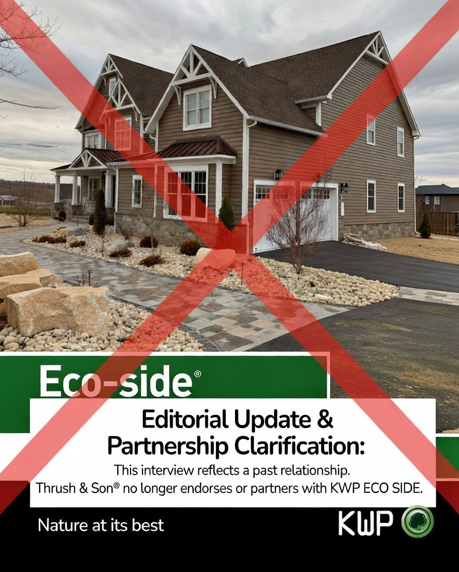 KWP ECO SIDE: Editorial update & partnership clarification – Thrush & Son® no longer endorses or partners with KWP ECO-SIDE. Past relationship only. Landscape home exterior with red X overlay.