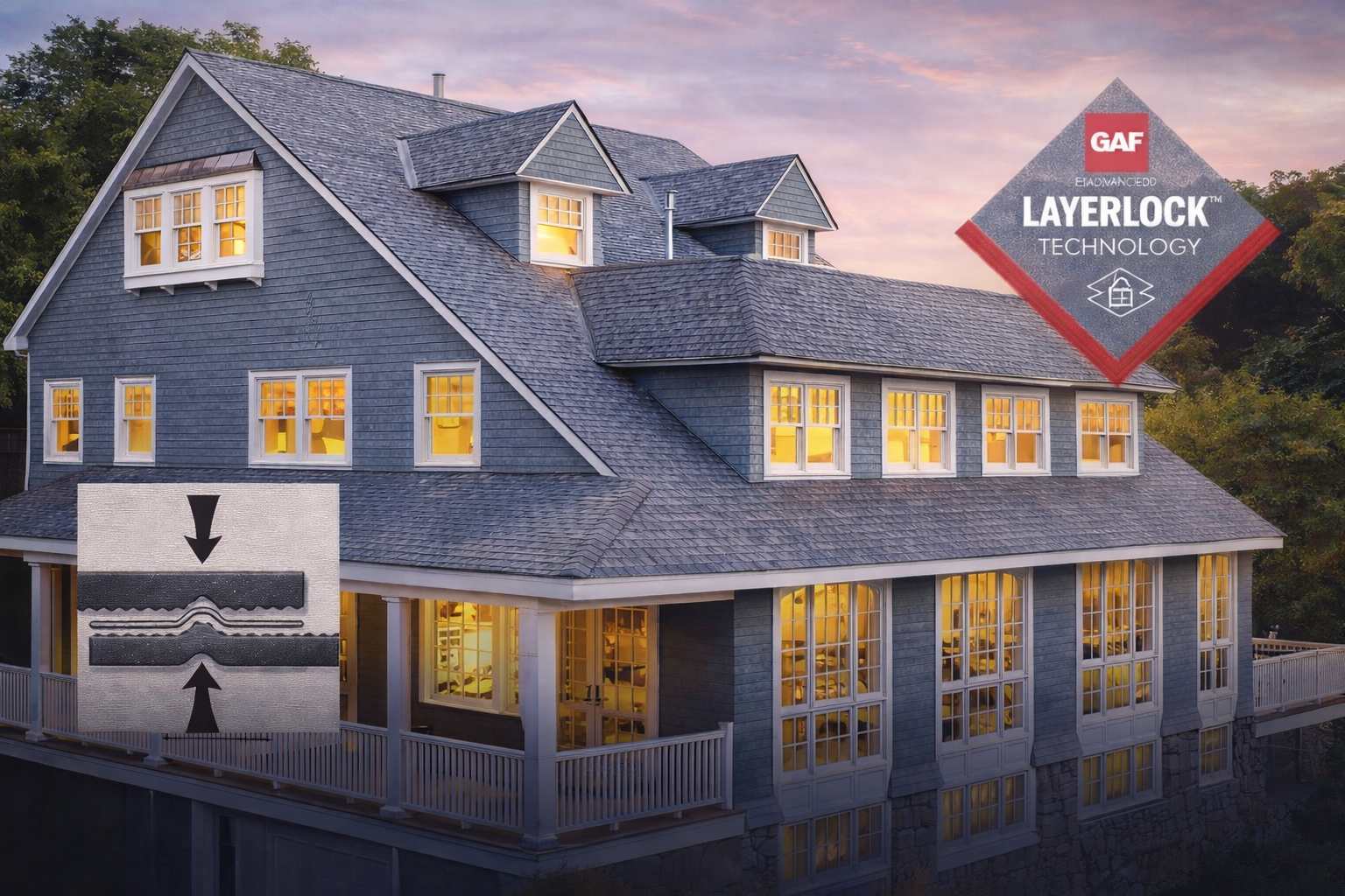 Resource Hub: GAF LayerLock™ Technology shingles installed on residential home showcasing enhanced durability and secure shingle bonding system.