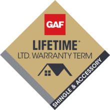 Lifetime limited warranty badge representing extended roofing coverage for shingles and qualifying accessories.