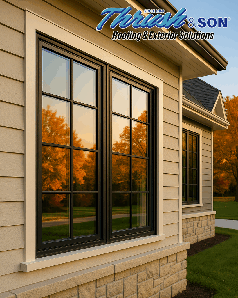 Low-E casement windows with slim black frames reflecting fall trees; close-up exterior detail on a modern home in Southwest Ohio, installed by Thrush & Son®.