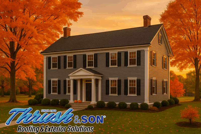 Vinyl siding Dayton luxury New England style colonial at fall sunset featuring CertainTeed vinyl composite clapboard siding with white trim and black shutters.