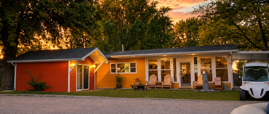 Luxury Indian Lake Cottage Exterior Renovation at Sunset - Thrush & Son®