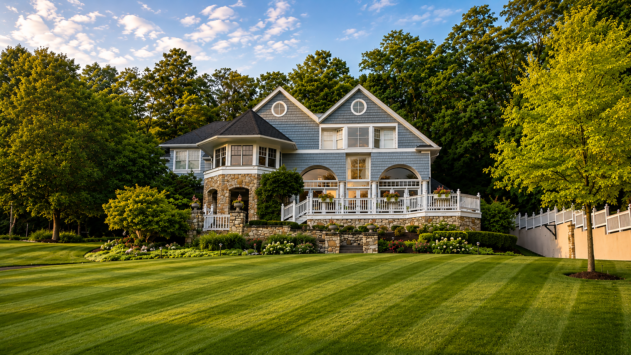 Luxury Spring Exterior Transformation with Striped Lawn and Golden Hour Lighting