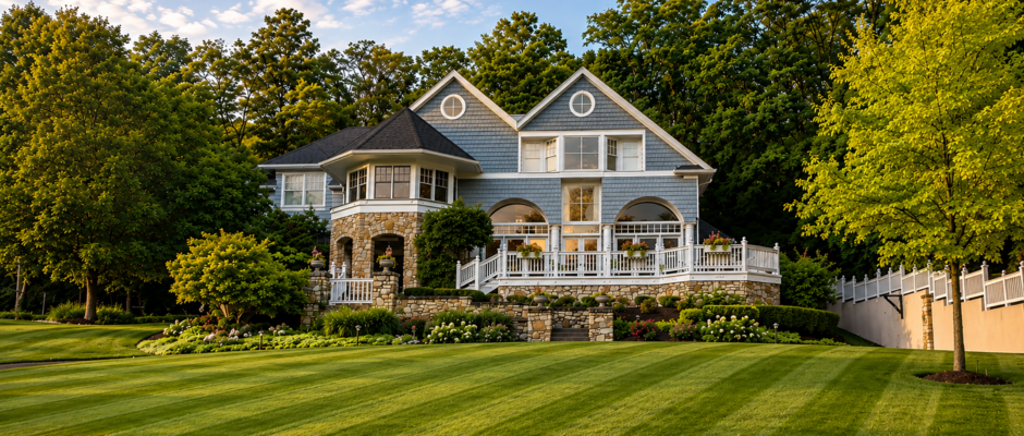 Luxury Spring Exterior Transformation with Striped Lawn and Golden Hour Lighting in Dayton Ohio - Thrush & Son®